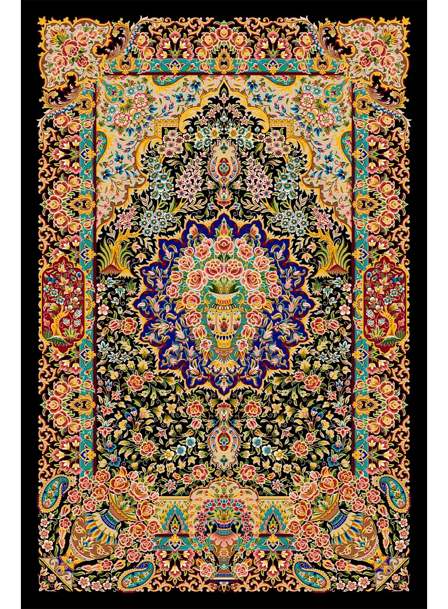 510475-مشکی-Black-100150 فرش ابریشمی محرابی گلدانی | کلکسیون قم - تصویر 1
